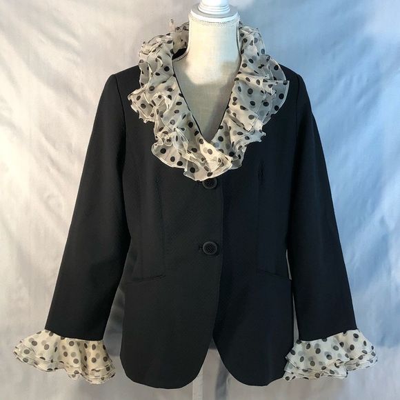 Bigio Jackets & Blazers - Bigio Collection Black Quilted Two Button Blazer Silk Ruffle Collar and Cuffs 12